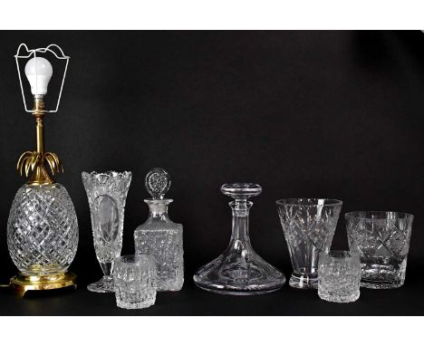 A Whitefriars-style decanter, a cut glass table lamp in the form of a pineapple, height approx. 40cm, a boxed Glencairn QEII 