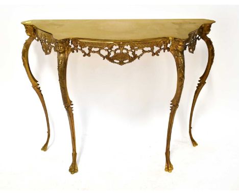 A gold painted metal console table in the Classical style, with shaped mirrored top later painted gold, 66 x 100 x 35cm, two 