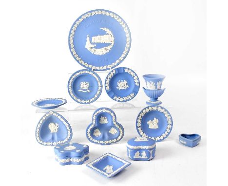 WEDGWOOD; a quantity of blue jasperware, to include a small Campagna-style vase, height 8.6cm, shaped trinket boxes, an ashtr