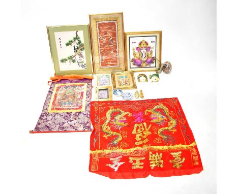 A metal opium pipe, the body engraved with cranes amongst bamboo and foliage, with accessories, height 23cm, two Chinese carv