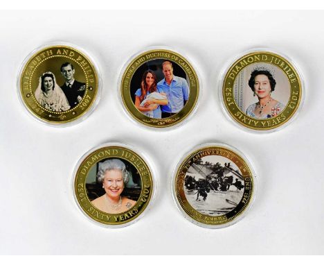 Five large commemorative coins, comprising 2014 D-Day limited edition gold-plated £5, a 2007 Diamond Wedding gold-plated Cook