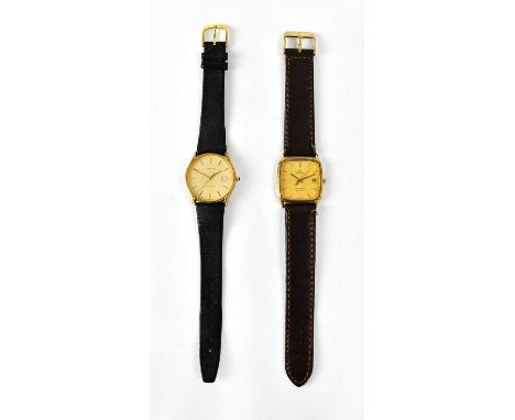 OMEGA; a Seamaster Quartz wristwatch, the gold-coloured dial set with baton numerals and date aperture, on leather strap, and