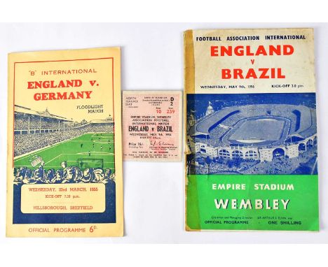 ENGLAND; two vintage programmes, England V Brazil, May 9th 1956, with ticket stub, and England V Germany, 23rd March 1955, si