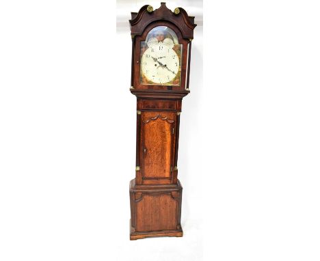 A mahogany longcase clock, with fluted side columns and swan neck pediment, the painted dial with moon phase top and set with