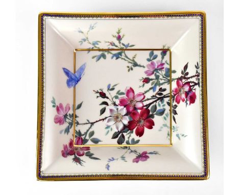 PATEK PHILIPPE; a Collection 2016 square porcelain dish, decorated with flowers, butterfly, and gilt-heightened, in original 