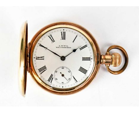 A.W.W. CO, WALTHAM MASS; a gold-plated crown wind full hunter pocket watch, the white enamelled dial set with Roman numerals 