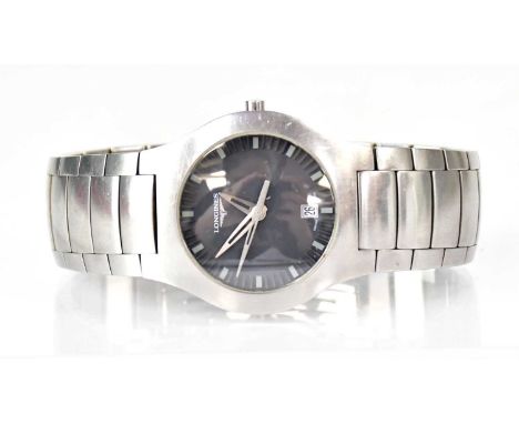 LONGINES; a stainless steel wristwatch, the grey dial set with baton numerals and date aperture, dial diameter 2.9cm.