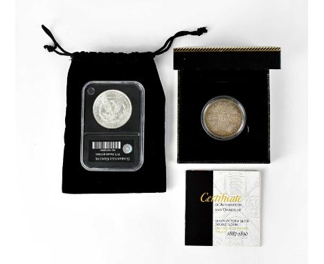 An 1889 silver uncirculated Morgan dollar, encapsulated, and an 1887 double florin, encapsulated, in presentation case, with 
