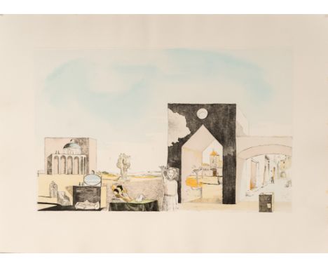 Salvador Dali (1904-1989)-Graphic, paranoid town. Colour etching on paper. 56 x 76 cm.