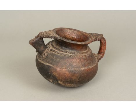 Ancient Ceramic Vessel, bowl shape with handgrip and spout. Decorations. Possibly black sea region. 15 x 22 cm.