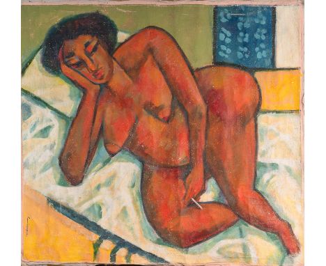 Dresden school 20. century , Female Nude smoking a cigarette . Oil on canvas. Signed bottom left unreadable .Unstretched. 110