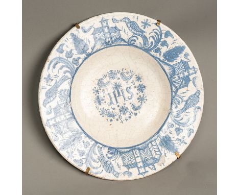 Italian Ceramic Dish, Deepened centre , bllue painted decorations on white ground glazed. 18Th Century. Diameter 30 cm