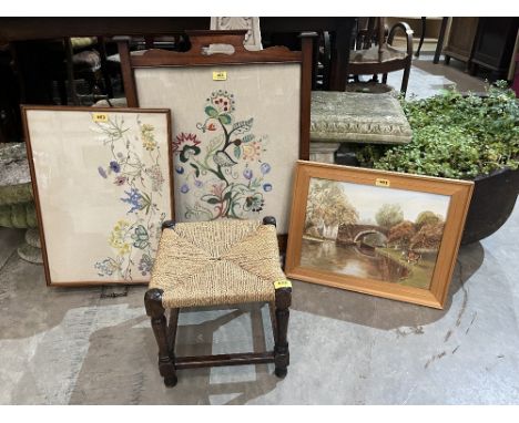 An early 20th century mahogany firescreen, a tea tray, a framed oil and a rush seat stool (4)