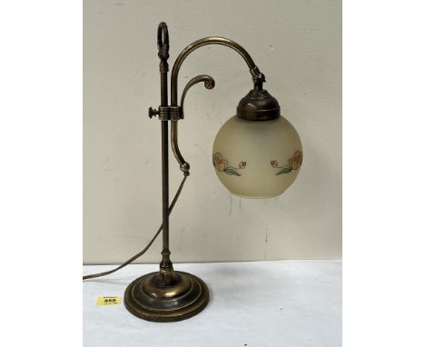 A brass desk lamp with globular shade. 17½' high