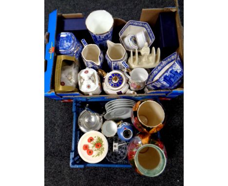 A box and crate of Ringtons china, Millennium caddy, Castle and Cathedral jugs and caddies, glass ware, pottery lamp base etc