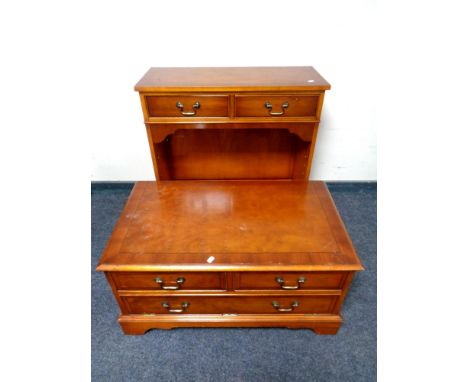 A Bradley Yew wood open shelf fitted with two drawers, width 79 cm, together with a similar TV stand 