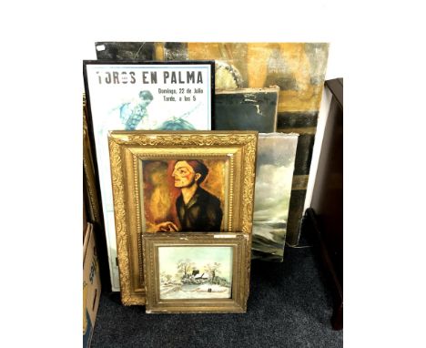 A quantity of framed and unframed pictures and prints - oils, portrait studies, Spanish bull fighting prints, antique oil on 