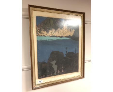 After Fukoshima Ichiro : Buildings by a bay, limited edition colour print, signed in pencil, numbered 10/50, 45 cm x 59 cm.