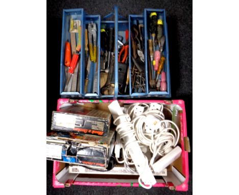 A box of extension leads, power tools, metal tool box containing tools 