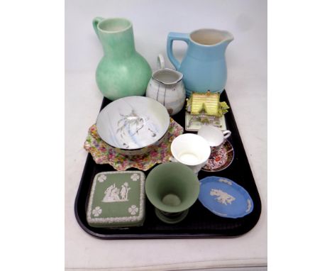 A tray of ceramics, Coalport cottage ornament, Wedgwood Jasperware, Wedgwood vase, 19th century Imari cup and saucer, Japanes