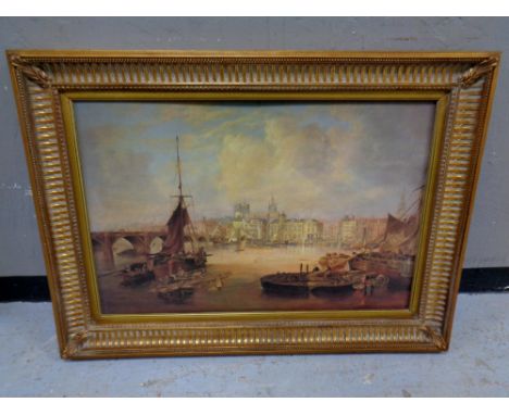 A colour print after John Wilson Carmichael 'The Mayor's Barge on the Tyne', in gilt frame.