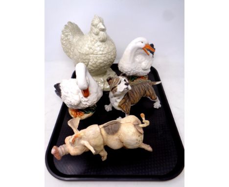 A tray of animal figures, ceramic hen storage jar, pair of ceramics ducks, dog and pig figure
