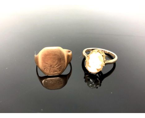 A 9ct gold cameo ring, together with a broken yellow metal signet ring, 5.4g gross, (2)