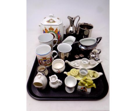 A tray of assorted ceramics, commemorative mugs, Ringtons caddy, Goss pieces etc 