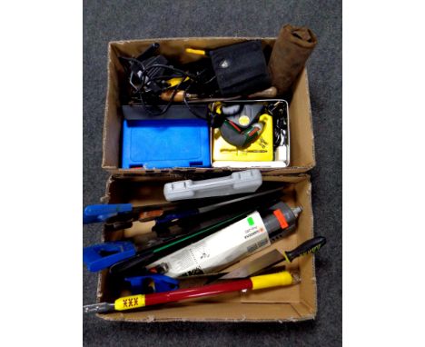 Two boxes of tools, hand saws, Stanley wood working plane, Bosch drill etc 