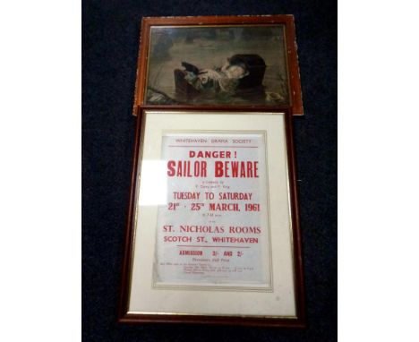 An antique colour print - Baby in crib, together with a mid century Whitehaven drama society poster 