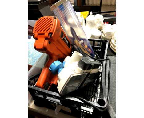 A Paslode impulse IM 350/90 CT nail gun together with a Mac Allister planer and tube containing hand tools 
