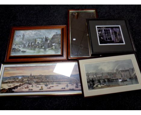 A framed colour print - South East prospect of Newcastle upon Tyne together with two further prints, Linda Bailey signed phot