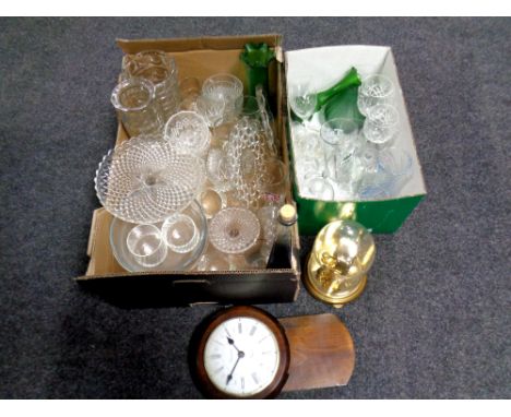 Two boxes of glass, Caithness vase, battery wall clock, clock under shade