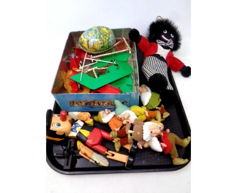 A tray of toys, wooden puppet - Pinnochio, plastic Disney figures, vintage Subbuteo 