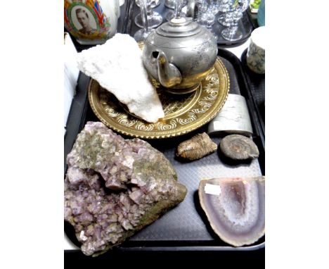 A tray of five pieces assorted rock and fossil samples, pair of brass plaques, hip flask etc 