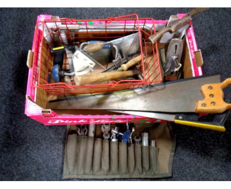 A box of vintage and later hand tools, Stanley plane, saws, brace etc 