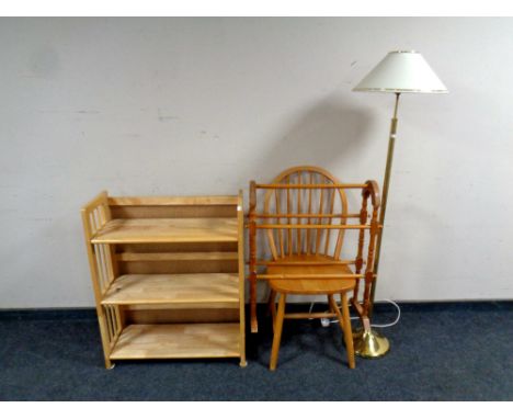 A set of folding pine shelves together with a spindle back chair, pine towel rail and brass standard lamp with shade 