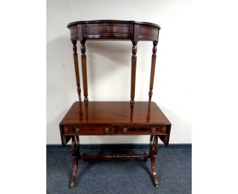 A Regency style inlaid sofa table fitted with two drawers with brass capped feet, width 92 cm, together with a similar hall t