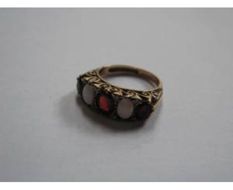 9ct GOLD DRESS RING SET WITH RUBY AND OPAL COLOURED STONES 