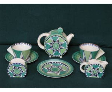 CLARICE CLIFF BIZARRE EIGHT PIECE TEA SET COMPRISING OF TEAPOT, SUGAR BOWL, MILK JUG, TWO CUPS AND SAUCERS AND SIDE PLATE 