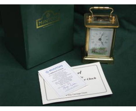 BOXED MINTON RAPPORT BRASS CARRIAGE CLOCK COMMEMORATING THE 50th WEDDING  ANNIVERSARY OF H. R. H QUEEN ELIZABETH II AND PRINC