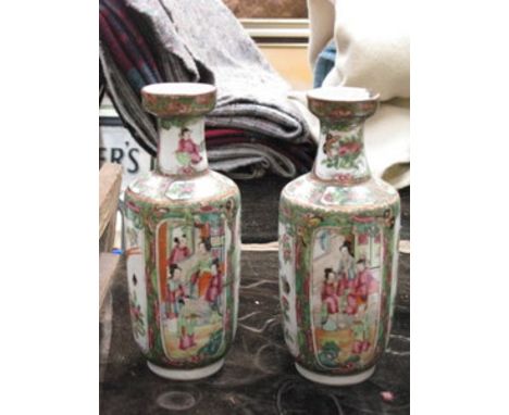 PAIR OF ORIENTAL STYLE HANDPAINTED AND GILDED FAMILE VERDE CERAMIC VASES (AT FAULT), APPROXIMATELY 24cm HIGH 