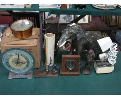 SUNDRY LOT INCLUDING CERAMIC ELEPHANT, BOXED VIEWMASTER, BAROMETER, CLOCK, MINER'S LAMP, ETC. 