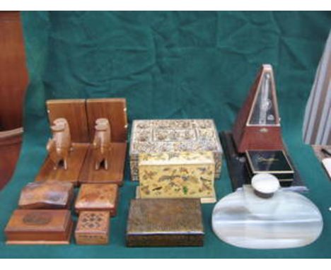 PARCEL OF VARIOUS STORAGE BOXES, BOOKENDS, COMPACTS, PANELS, METRONOME, INKSTAND, ETC. 