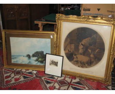 LARGE FRAMED CIRCULAR PRINT- THE FARMER'S FRIENDS.  ALSO ANOTHER FRAMED PRINT PLUS FRAMED MONOCHROME ETCHING 