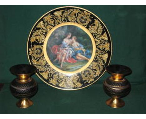 PAIR OF ITALIAN GILDED CERAMIC VASES PLUS TRANSFER DECORATED CERAMIC PLAQUE DEPICTING A CLASSICAL SCENE 