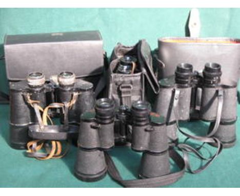 FOUR PAIRS OF CASED BINOCULARS INCLUDING WORLD WAR II GERMAN ARMY, CROWN, ETC.