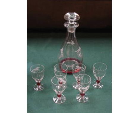 ETCHED GLASS DECANTER WITH SIX MATCHING GLASSES 