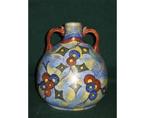 CHAMELEON WARE HANDPAINTED GLAZED CERAMIC TWO HANDLED VASE BY CLEWS & CO LTD, TUNSTALL, APPROXIMATELY 16cm 