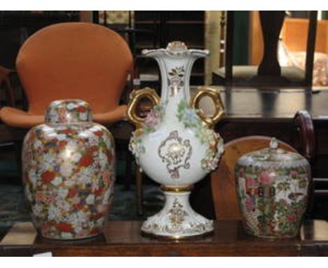 TWO ORIENTAL STYLE GLAZED CERAMIC GINGER JARS AND GILDED TWO HANDLED SPANISH VASE 